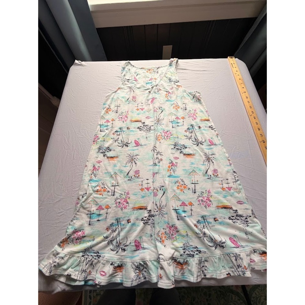 Cuddl Duds Women Tropical Beach Print Nightgown V-Neck Ruffle Hem Sleep Dress S